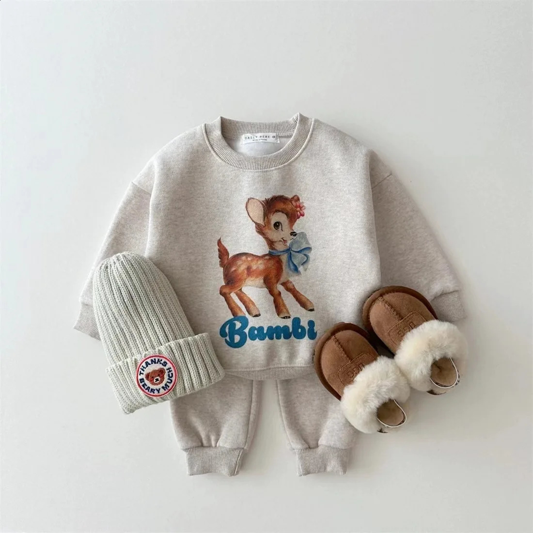 Korean version of autumn and winter boys girls cotton cute cartoon rabbit deer plush sweatshirt casual sports set 241225