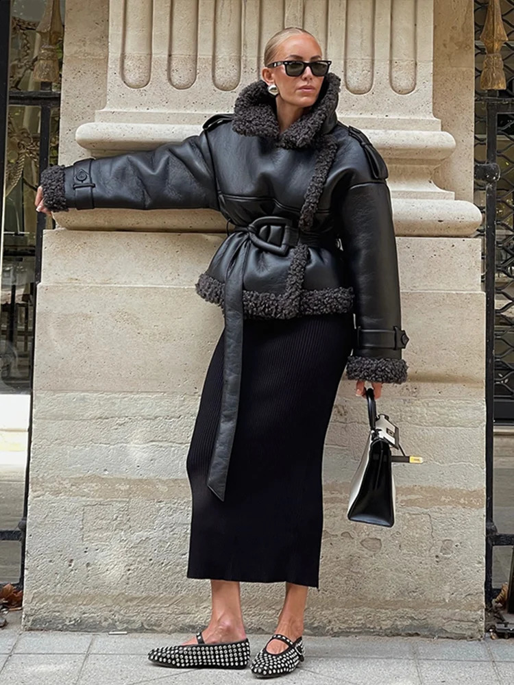 PU Leather Lamb Wool Patchwork Womens Jackets Belt Solid Lace Up Lapel Thicken Warm Overcoat Autumn Winter Lady Jacket 241217