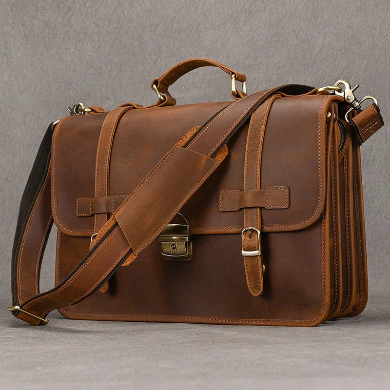 Vintage Genuine Leather Business Briefcase for Men Top-Grain Cowhide Shoulder Crossbody Messenger Bag 241225