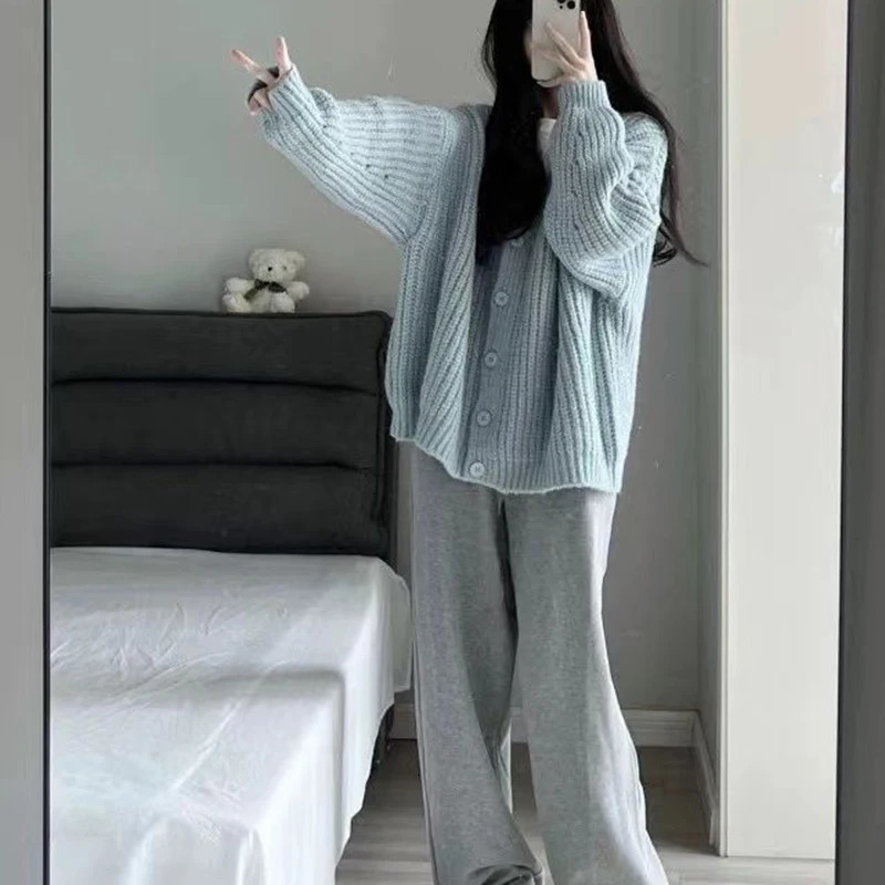 Rimocy Sweet Pink Knitted Cardigan Sweater Women Korean Long Sleeve V Neck Cardogans Woman Wild Button Up Jumper Coat Female 241225