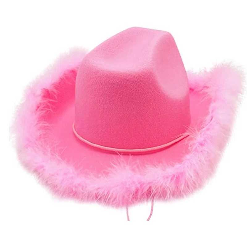 All match fluffy feather Brim cowboy hat pink cowboy hat carnival W241225