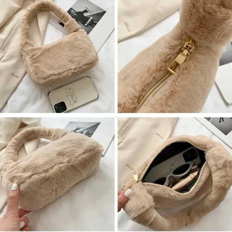 Plush Shoulder Bags for Femme Luxury Designer Soft Winter Ladies Cluh Purse Handbag Cute Fi Female Party Underarm BagXJ241225