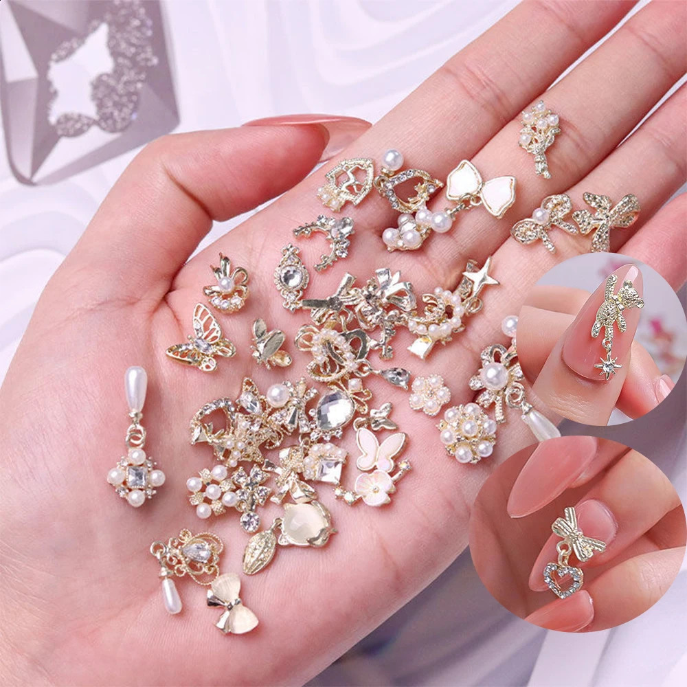 50pcs/Bag Mixed Dangle Nail Jewelry Rhinestones 3D Random Pendent Alloy Pearl Crystal Gems Decoration Manicure Accessorie 241226