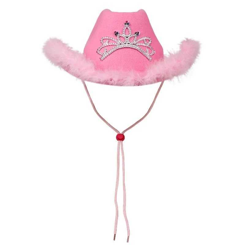 Western style denim hat pink womens Birtay party Cs decorated with feather sequins crown headpiece night club denim hat W241225