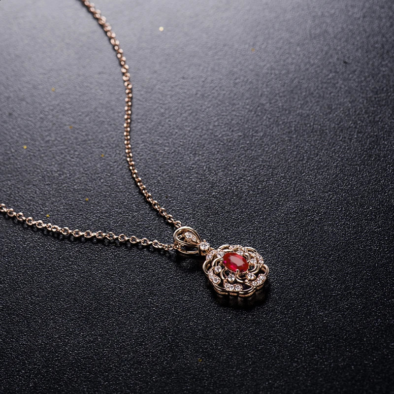 LANMI Real 14K Rose Gold Red Ruby Pendant Necklace Natural Diamond Jewels for Women Party Fine Jewelry 241226