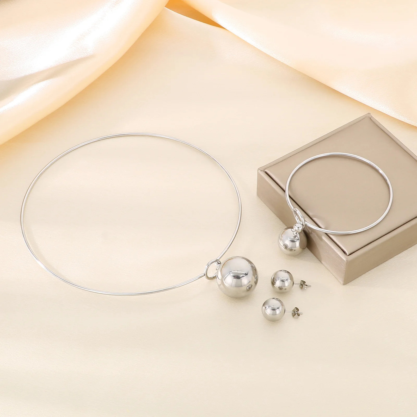 Simple Hollow Round Beads Stainless Steel Sets Bangle Choker Earrings For Women Silver/Gold Color Wedding Party Jewelry 241226