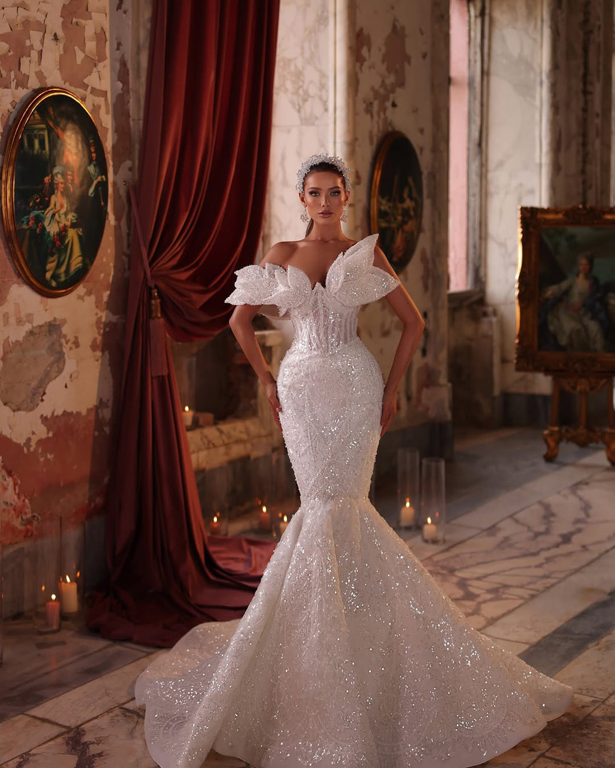 Gorgeous Mermaid Wedding Dresses Off-Shoulder Backless Sleeveless Lace Up Appliques Embroidery Bridal Gowns Detachable Train Custom Made Vestidos De N