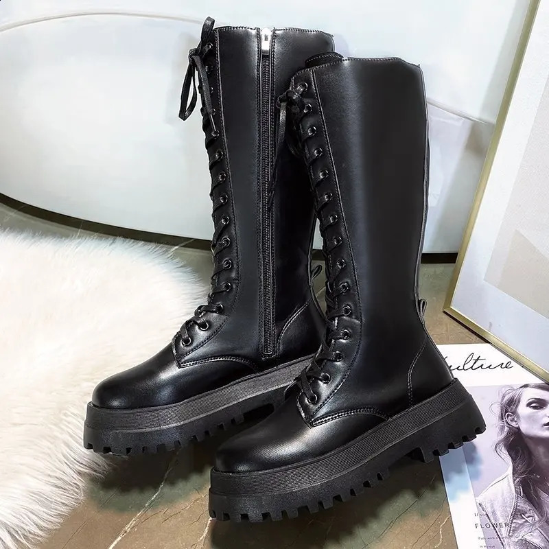 Korean PU Leather Mid Calf Boots for Women Fashion Casual Autumn Winter Platform Shoes Female Black Platform Boots 241226