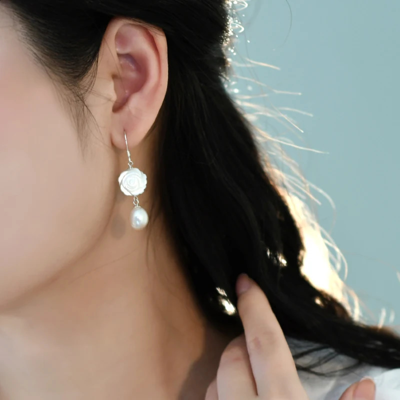ASHIQI Natural Freshwater Pearl Shell Flower 925 Sterling Silver Earrings Fashion Jewelry for Women 241226