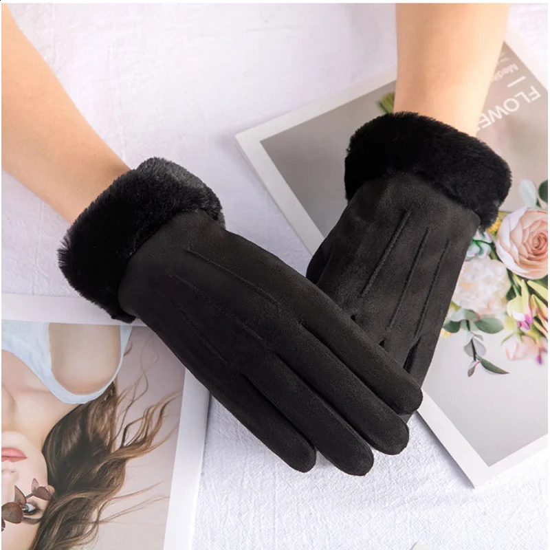 High-quality Women Winter Suede Leather Gloves Touch Screen Driving Gloves Winter Female Thick Plush Wrist Warm Cycling Outdoor 241226