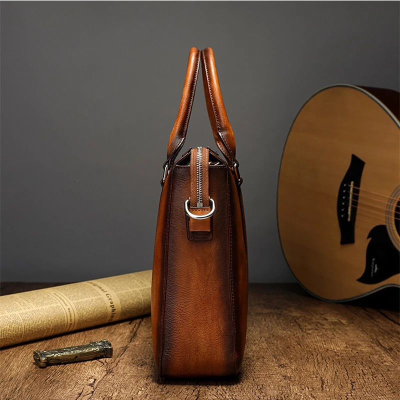 Mens Vintage Handmade Genuine Leather Handbag Plant Tanning Head Layer Cowhide Briefcase Business Computer Bag Men Shoulder Bag 241225