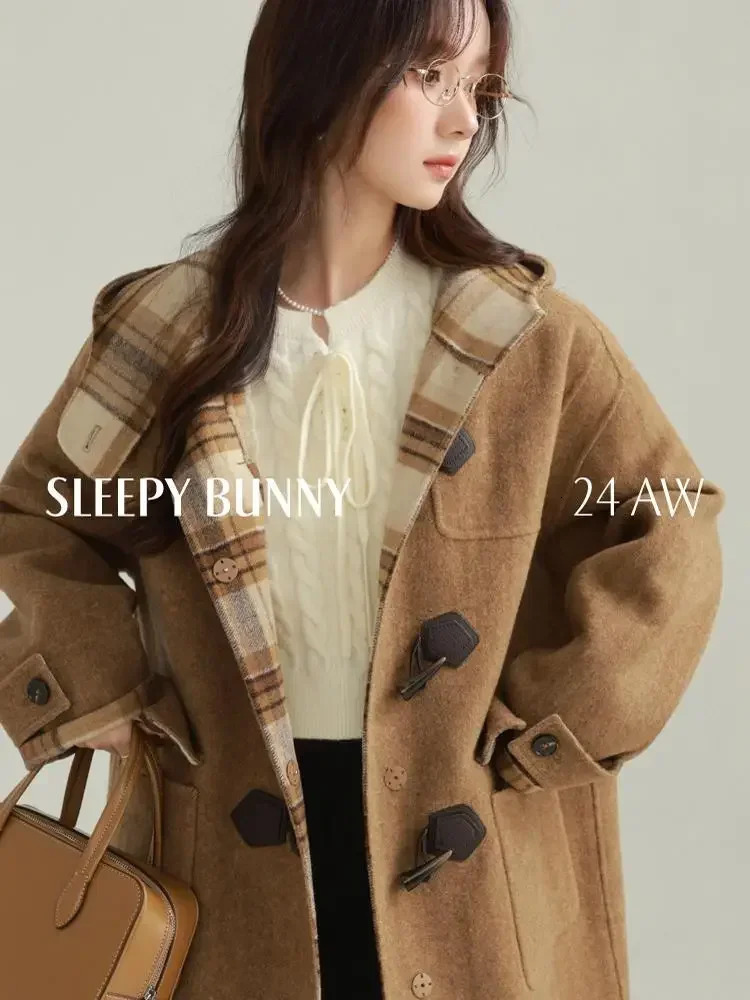 DoubleFaced Wool Duffle Hoodie Coat Women Toggle Button Classic Plaid Collar Warm Long Overcoat Casual Autumn Winter Outerwear 241225