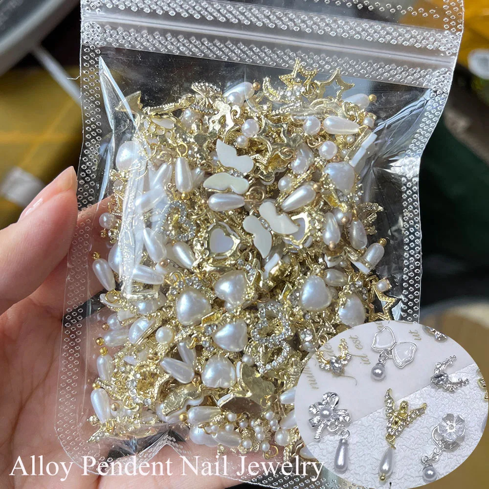 50pcs/Bag Mixed Dangle Nail Jewelry Rhinestones 3D Random Pendent Alloy Pearl Crystal Gems Decoration Manicure Accessorie 241226
