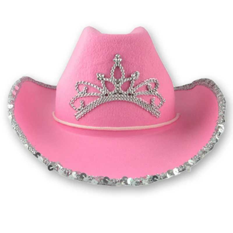 Crown Pink Cowboy Cs Western Cowgirl Hat for Women Girl Feather Edge/Shiny Opening Decoration Cowboy Hat Party Fedora C Cs W241225