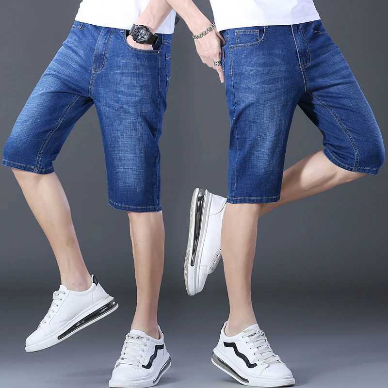 Mens casual denim shorts cotton elastic straight high-quality knee length jeans retro fashion blue shorts W241226