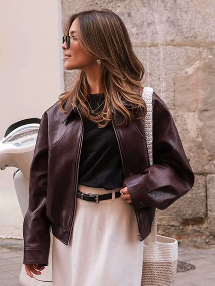 Chic Burgundy Cropped Leather Jacket For Women Elegant Lapel V Neck Long Sleeve Pockets Short Coat 2024 Female Fashion Outerwear 241225