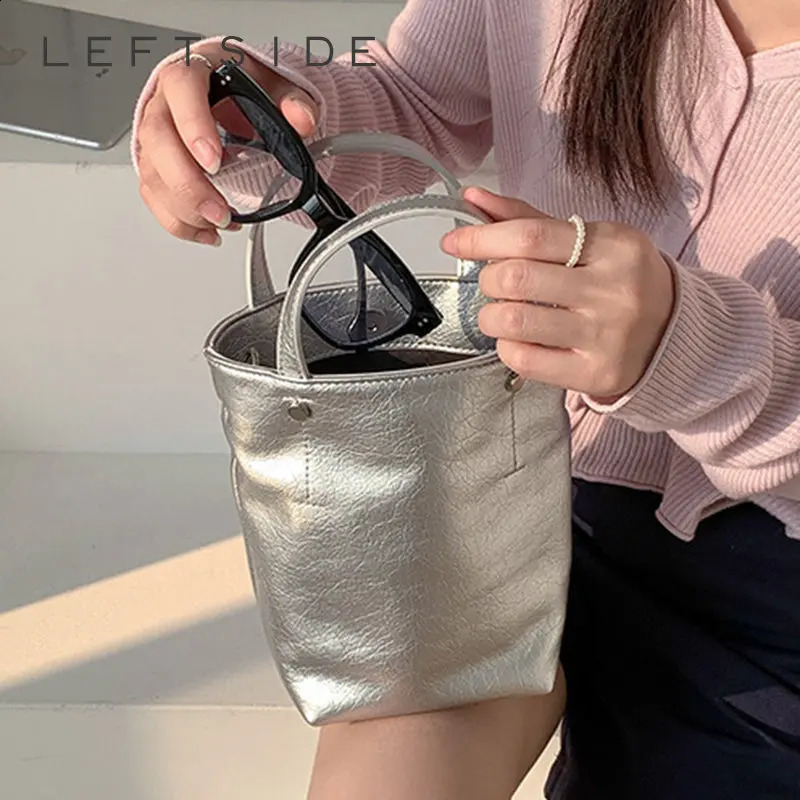 Y2K style silver leather small shoulder womens storage bag short handle armrest cross body handbag 241223