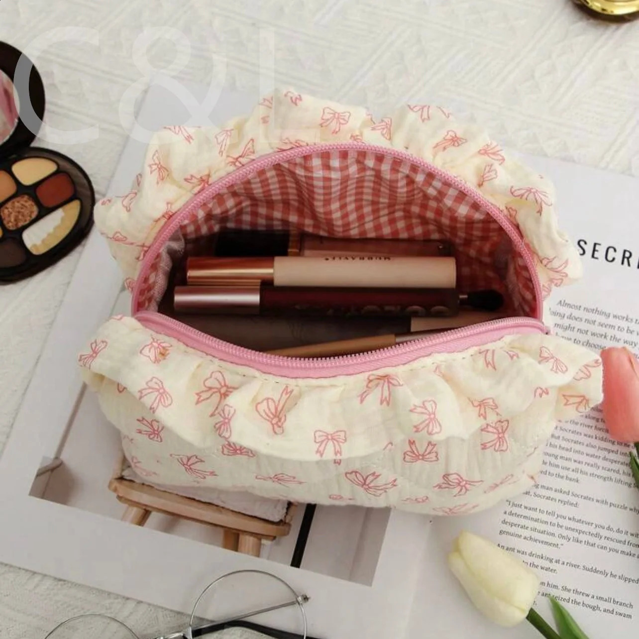 Portable Cotton Makeup Bag Printed Bow Lace Makeup Bag Thickened Travel Cherry Storage Bag Pink Floral 241226
