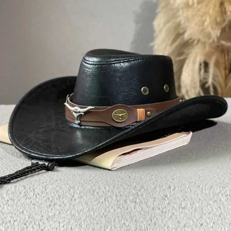 Retro Western Cowboy Hat with Cowhead and Rivet Fedora Hat for Men Outdoor Travel Wide Brown Artificial Leather Cowboy Girl Sun Cs W241225