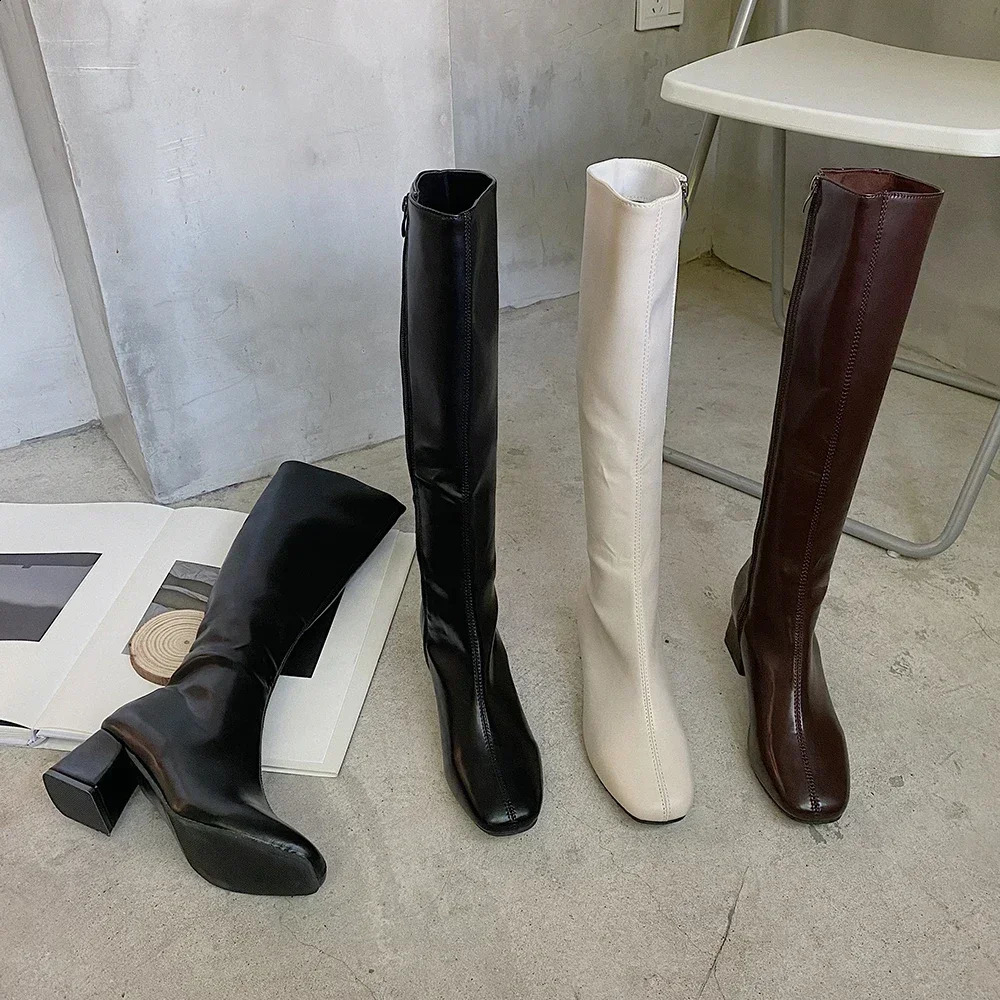 Knee-length Boots Women Womens Rubber Shoes Sexy Square Heel Thigh High Heels Winter Heeled Booties Black 241226