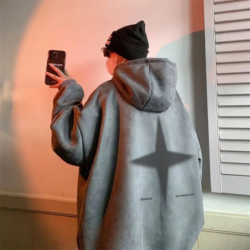 Buckskin sweatshirt men autumn and winter American style heavyweight retro high street tops trendy loose hooded pullover 241224