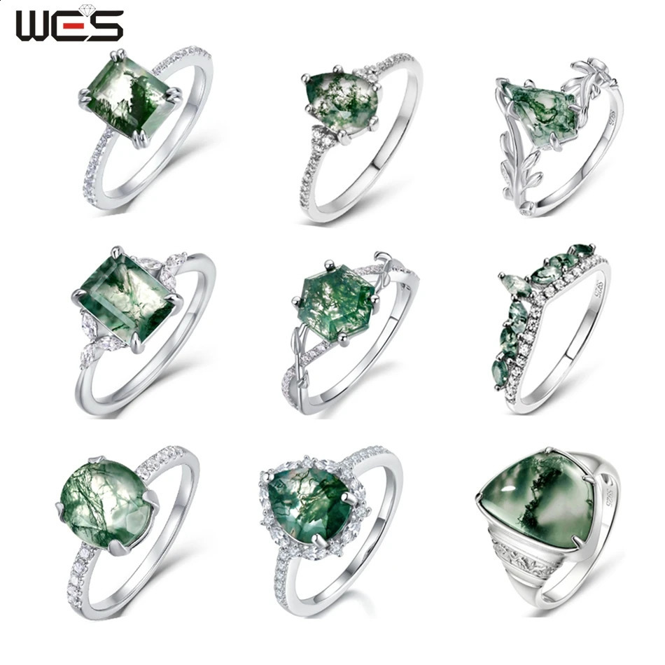 WES 925 sterling silver natural unique green moss agate ring womens water droplet jewelry wedding gift box engagement wholesale 241226