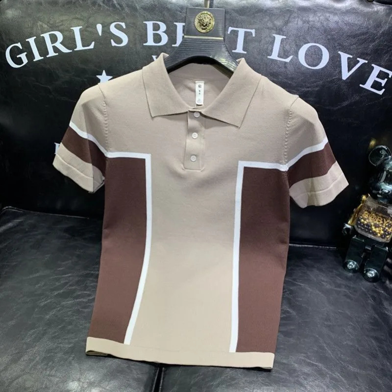 Summer Mens Colorblock Ice Silk Striped Short-sleeved Polo Shirt Mens High-end Slim-fit Summer Thin T-shirt 241224
