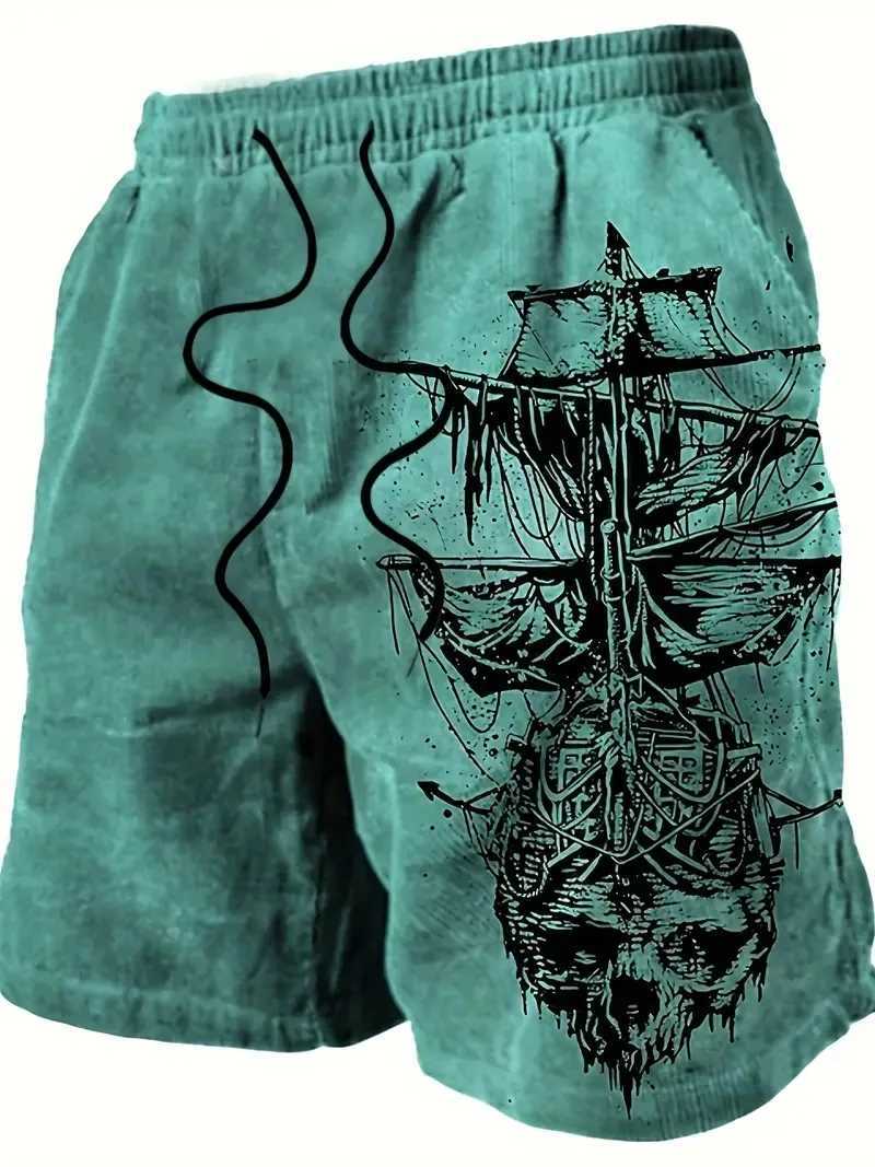 Mens beach pants skeleton pirate ship 3D printing mens summer casual breathable shorts mens clothing Bermuda mens shorts W241226