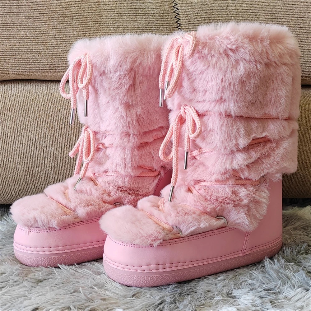 2024 Winter Boots Mid-calf Rabbit Fur Snow Boots Women Fluffy Furry Fur Cotton Boots Lace-up Waterproof Cotton Boots241226