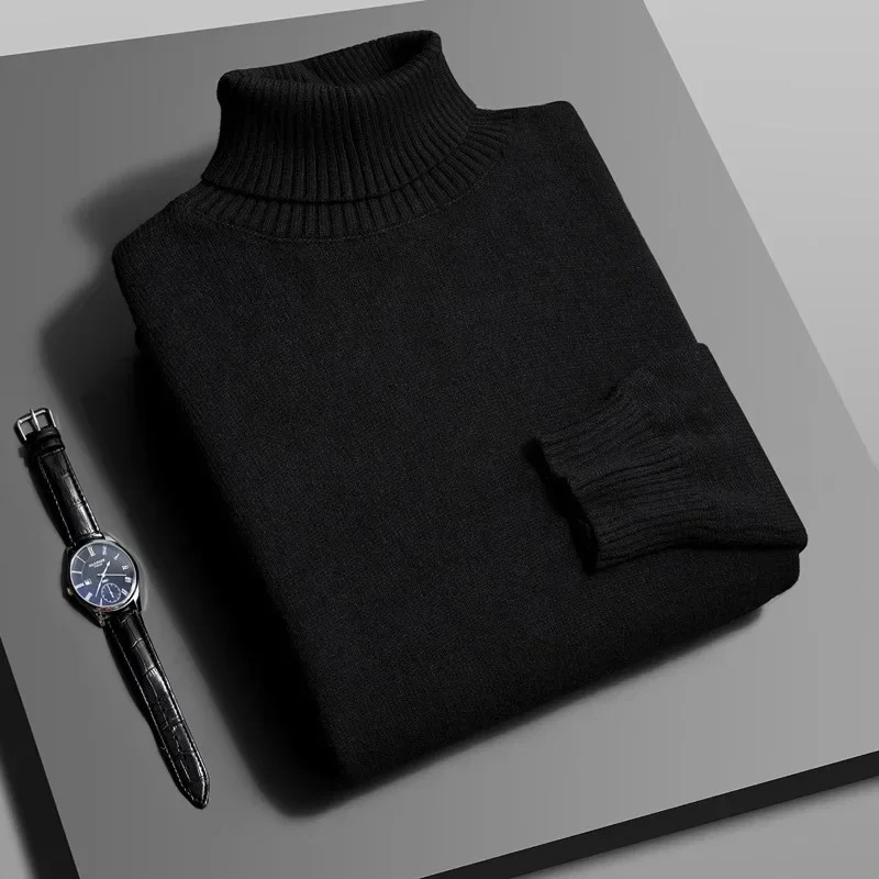 Mens Polo/Turtle Neck Sweater Loose-Fit Black Autumn Winter Casual Knitted Top Trendy Inner Base Layer Top For Men 241225