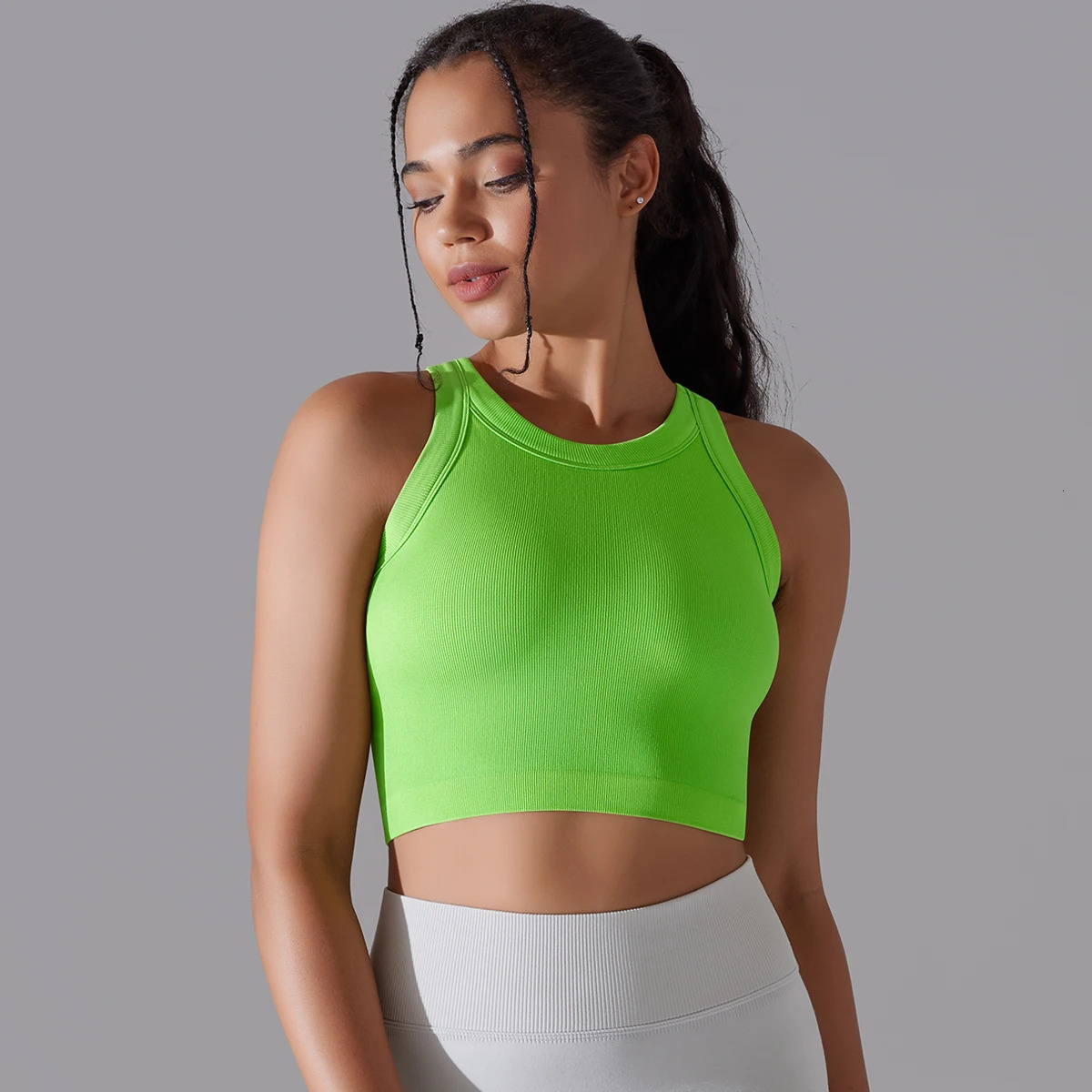 Women's Seamless Sports Vest Pad Sleeveless Yoga Bra Workout Fiess Crop Running Shockproof Gym Tank Top