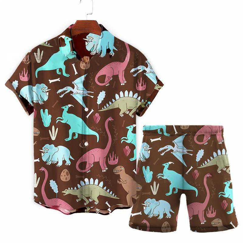 Cartoon dinosaur pajamas spring animal prints casual loose oversized pajamas set mens long sleeved daytime patterned pajamasW240719