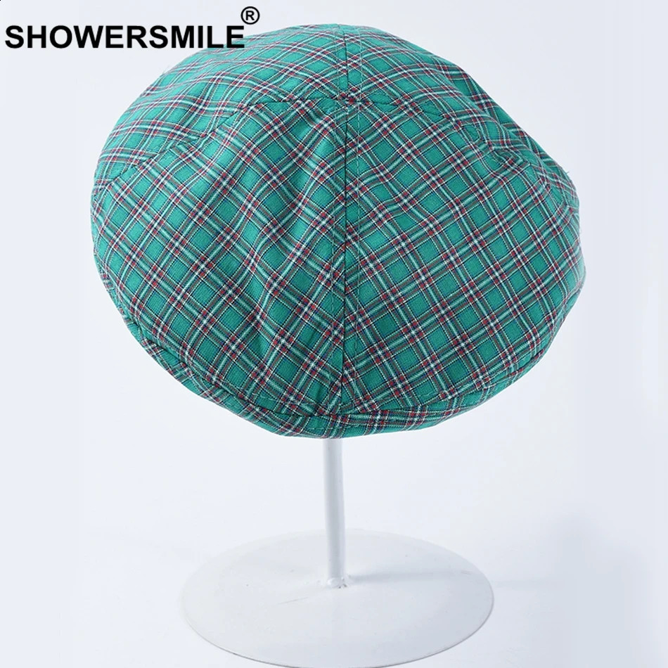 SHOWERSMILE Women Green Beret Checkered Cap Summer Style Vintage Artist Hat Famale Plaid Cotton Beret Hat Painter Cap Yellow Red 241226