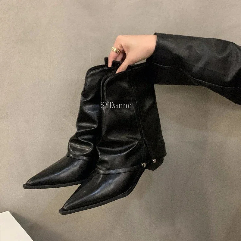 Spring Autumn Chunky Heel Pointed Toe Boots Short Boots Womens Shoes Brown Cowboy Boots Goth Shoes Ladies Shoes 241226