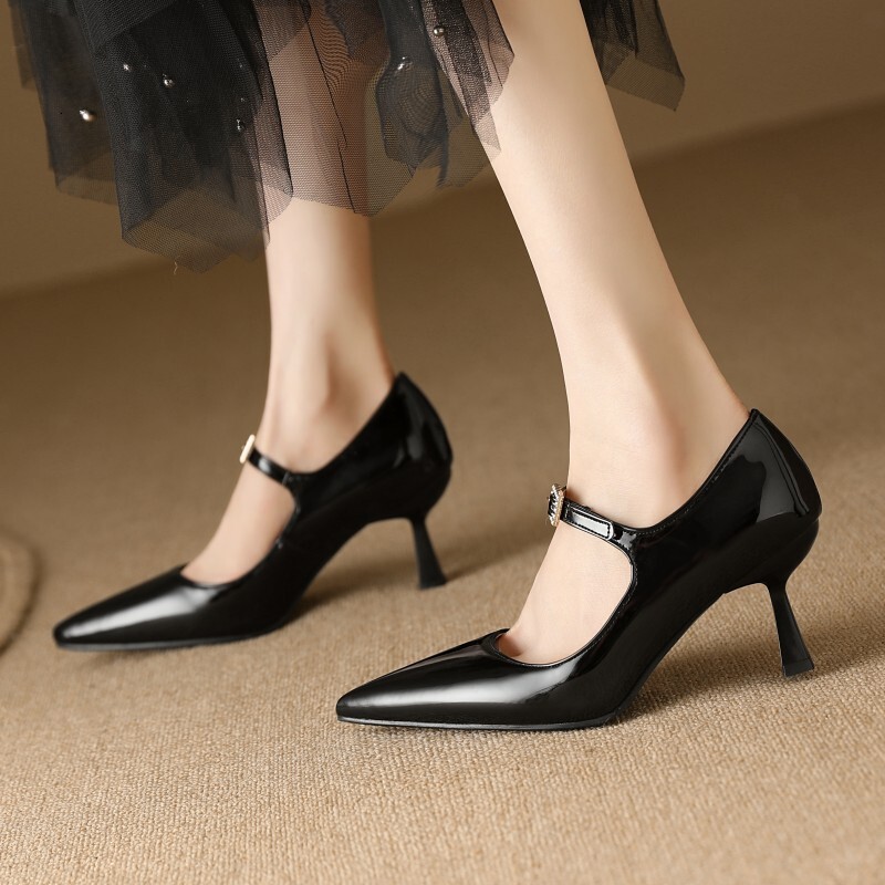 Sexy Point Women's Heels Mary Janes Elegant Black Nude Heeled Pumps Large Size Office Party Wedding Shoes Ladies