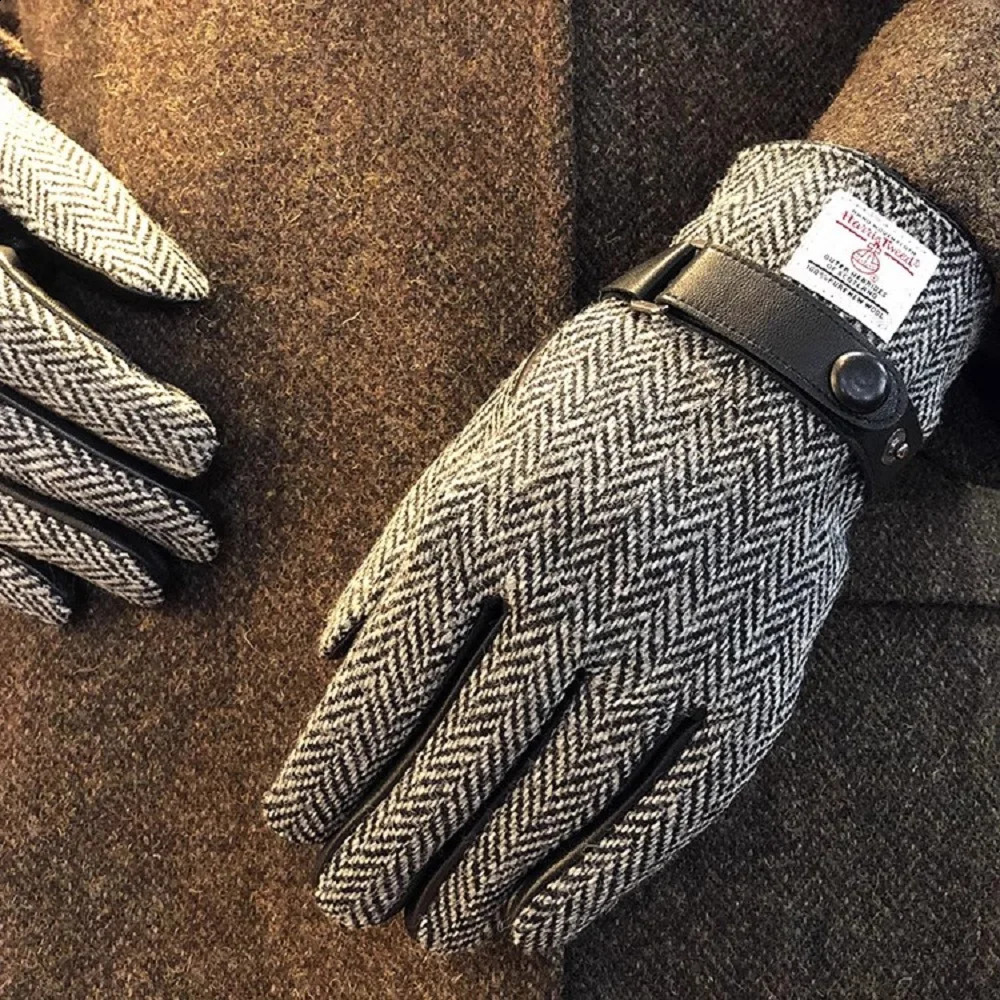 Autumn and Winter Thickened Warm Gloves Couple Harris Tweed Wool Leather Touch Screen Gloves Cycling gloves 241226