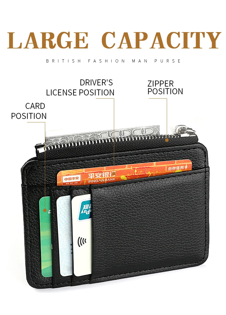 Slim 2024 Credit Card Wallet for hot Men - Minimalist ID Holder, Zipper Coin Pocket, Thin Leather Sleeve