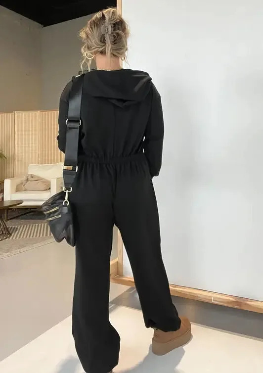 Leisure Solid Sportwear Elastic Elegant Hoodies Jumpsuit Fashion Womens Long Sleeve One Piece Outfit Warm Autumn Winter 241224