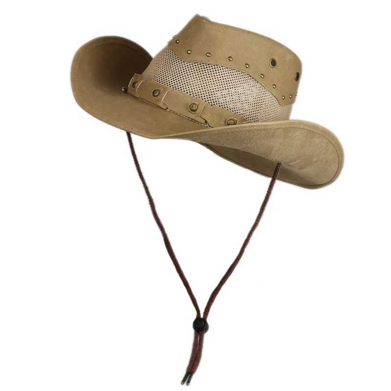 Unisex womens retro breathable mesh leather roll width Brim Sunscreen C beach denim cowboy girl western warm hat 58-60cm W241225