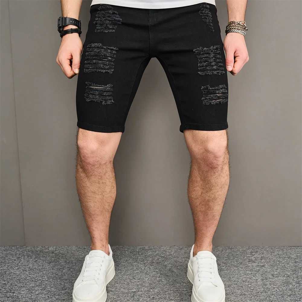 Summer new mens hole slim fit denim shorts street fashion straight mens solid casual jeans five point pants W241226