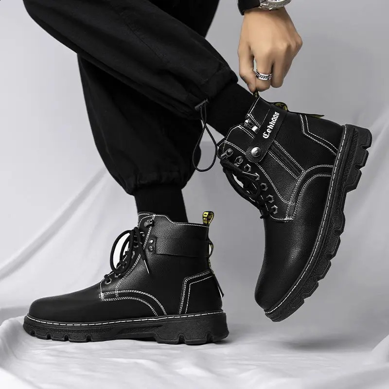 Man Shoes Waterproof High Cut Boots for Men Spring Autumn Lace Up Leather Black Classic Low Price Offer Fashion Sale Casual 241226
