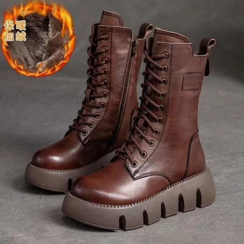 Winter Leather Women Boots Round Toe Mid-heel Ankle Boots for Women Lace Up Warm Snow Boots Retro Lady Platform Bikerboots Women 241226