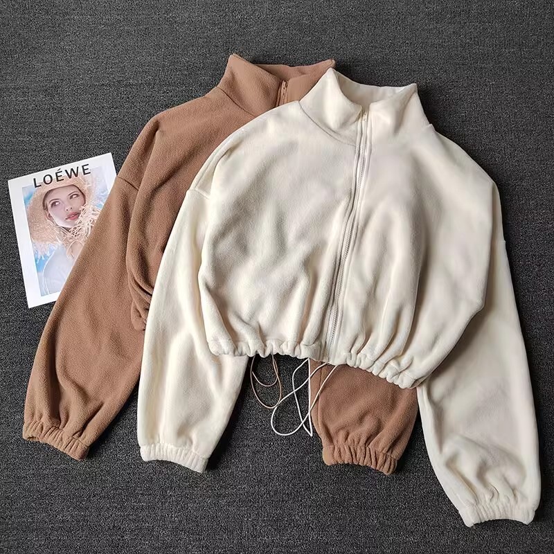 Women's Fleece-Ed Warm Casual Loose Running Crop Top Long Sleeve Fiess Sports Coat Yoga Sweatshirt