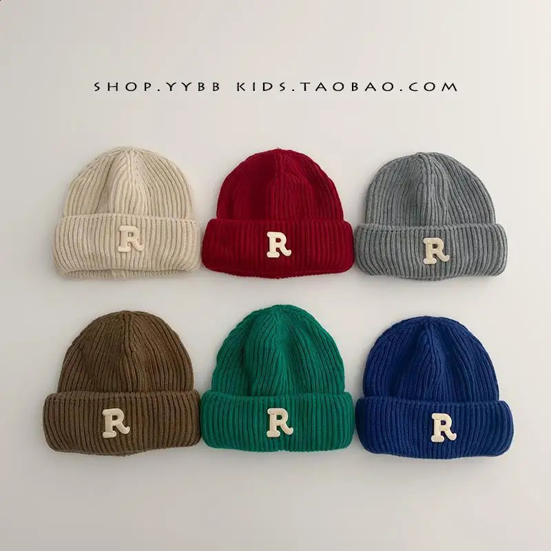 Boys Girls Knitted Hat Autumn And Winter Solid Color Versatile Letter Print Fashion Cap Childs Casual Warm Thickened 241225