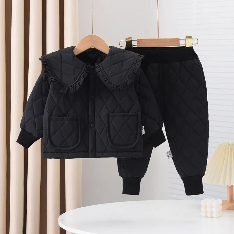 Girls Clip Cotton Sets Winter Baby Warm CoatsPants 2Pcs Autumn Children Lapel Solid Fashion Clothing Suit 12M6 Years 241225