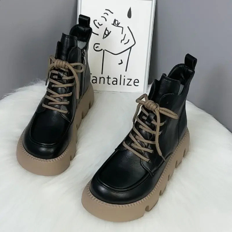 Platform Short Shoes for Women with Laces Footwear Punk Booties Black Combat Lace-up Female Ankle Boots Round Toe Leather Boot 241226