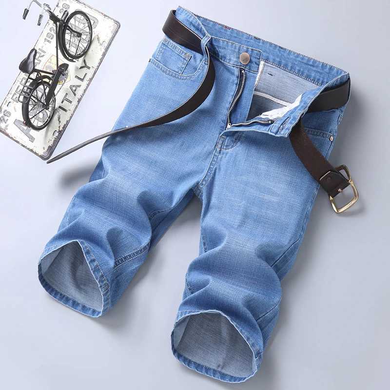 Mens casual denim shorts cotton elastic straight high-quality knee length jeans retro fashion blue shorts W241226
