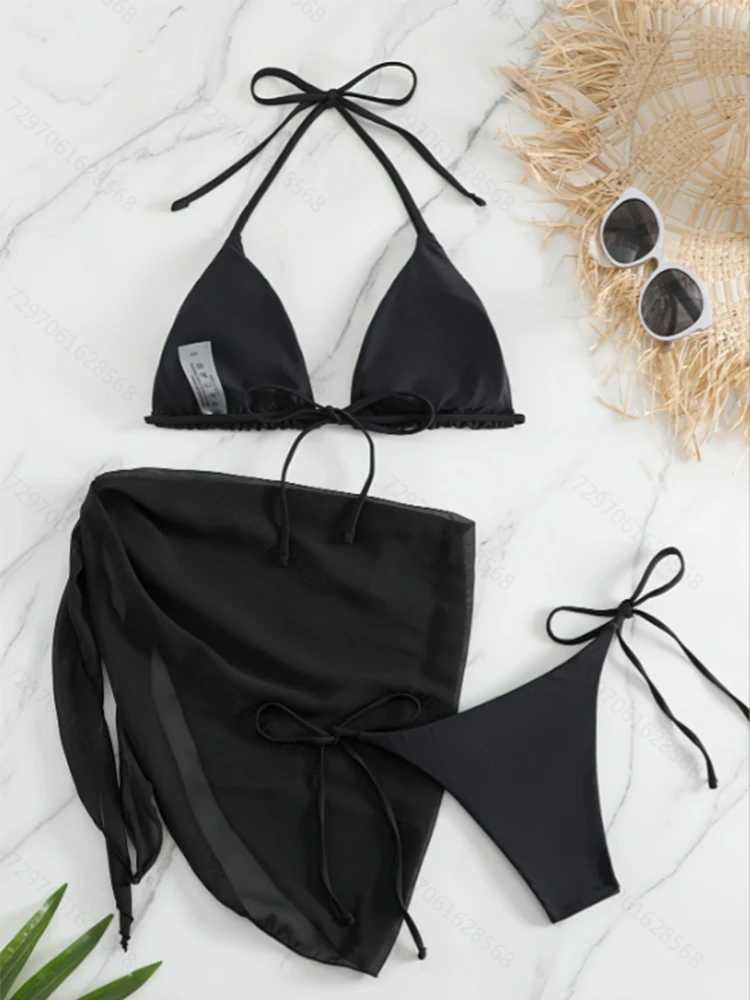Womens 3-piece swimsuit solid suspender triangle tie bikini swimsuit covered beach skirt mini skirtW241225