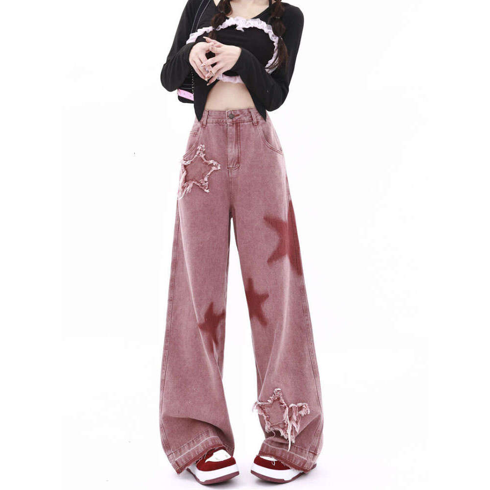 American Retro Five-point Star Raw Edge Splicing Loose Wide-leg Jeans Look Thin Trendy All-match Mopping Pants Women