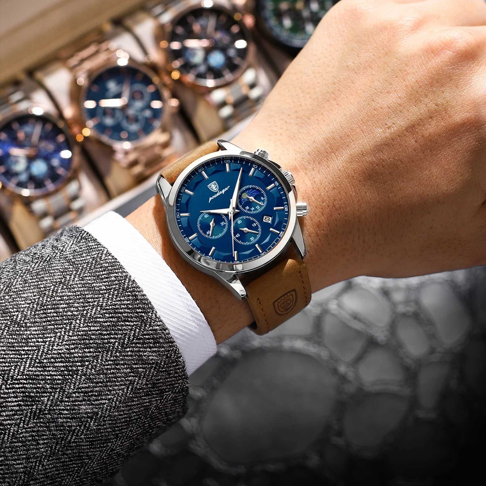 New Arrival POEDAGAR Casual Mens Watches Trend Fashion Quartz Watch for Man Waterpoof Leather Strap Luminous Date Chronograph New Z241226
